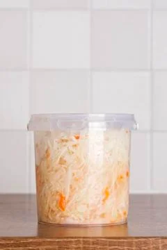 Marinated cabbage in plastic bucket Stock Photos