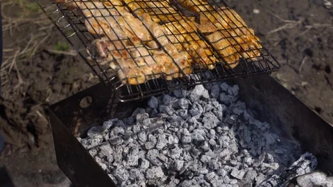 Marinated Chicken and beef kebab on grill rack Stock Footage 89970423