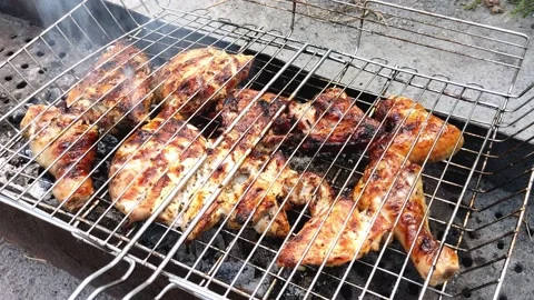 Marinated chicken meat on the grill. Stock Footage 160405226