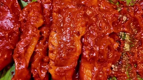 Marinated Chicken in Red Sauce Prepared for Street Food Grilling Video stock 336389883