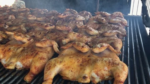 Marinated Chicken Roasting On Hot Grill Stock Footage 80271140