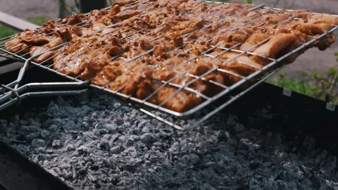Marinated Meat Cooking in a Metal Grid Over Hot Coals on an Outdoor Grill Stock Footage 334121224