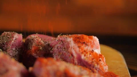 Marinated meat with spices. Meat ready to cook. Shashlik Stock Footage 255374236