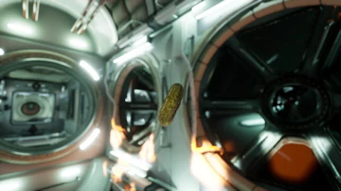 Marinated pickled cucumber floating in internation space station Stock Footage 237920145