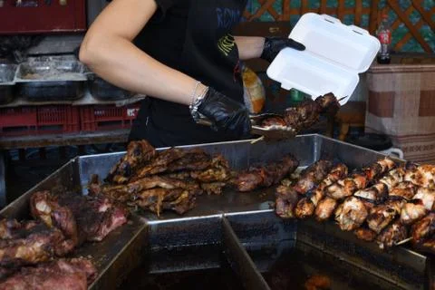 Marinated pork spare ribs, stack or pile of fresh grilled meat during barbequ Stock Photos