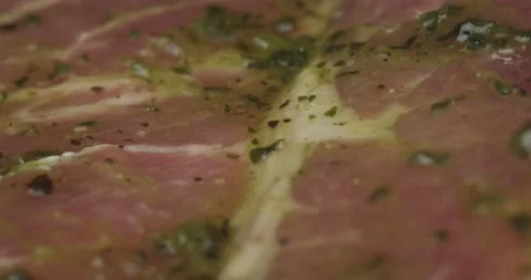 Marinated pork steak closeup rotating Stock Footage 156902601