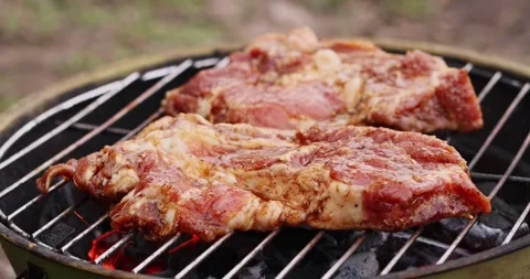Marinated pork steaks sizzling on a hot charcoal grill outdoors Stock Footage 339070002
