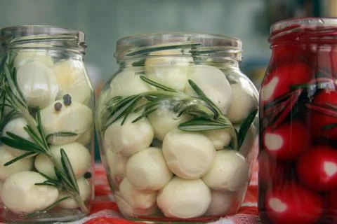 Marinated quail eggs in jars Foto stock