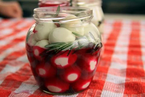 Marinated quail eggs in jars Stock Photos
