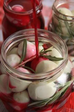 Marinated quail eggs in jars Stock Photos