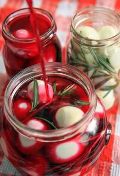 Marinated quail eggs in jars Stock Photos
