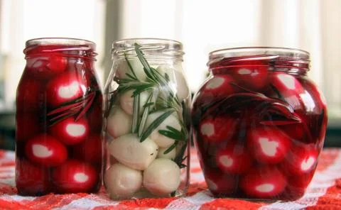 Marinated quail eggs in jars Stock Photos