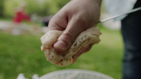 Marinated Raw Chicken Chef Stringing on Skewer Video stock 144797825