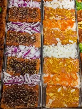 Marinated salmon at the store Stock Photos