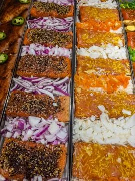 Marinated salmon at the store Stock Photos