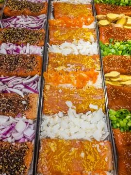 Marinated salmon at the store Stock Photos