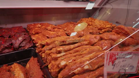 Marinated slices of beef and lamb meat for grill and barbecue. Stock Footage 295271842