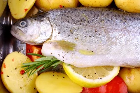 Marinated whole trout with red pepper, potato and lemon Stock Photos