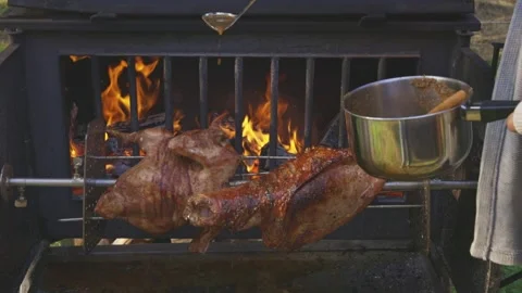 Marinating rotating lamb and chicken on a rotisserie grill Video stock 339876953
