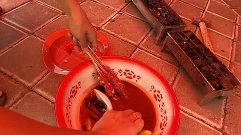 Marinating satay for Outdoor Grilling Stock Footage 279341981