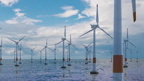 Marine 3D animation of wind turbines, clouds time lapse, abstract landscape Stock Footage 149012738