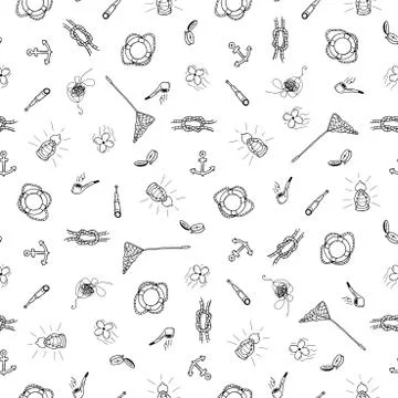 Marine accessories,seamless pattern in doodle style. Ilustración de archivo