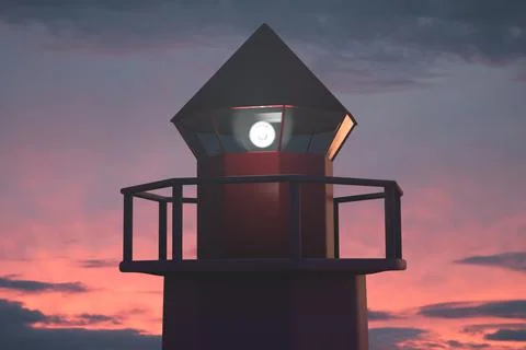 Marine active lighthouse tower. Sunset or dawn sky in the background Foto stock
