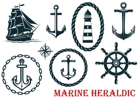Marine and nautical heraldic elements Stock Illustration