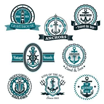 Marine and nautical heraldic vector icons set Stock Illustration