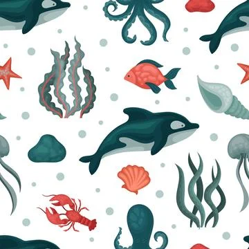 Marine animals seamless pattern. Sea animals, underwater wild life repeating Stock Illustration