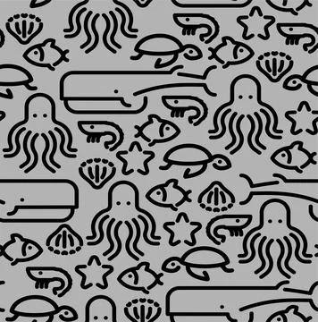 Marine animals set linear pattern seamless. background Octopus and turtle, .. Illustrazione stock