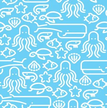 Marine animals set linear pattern seamless. background Octopus and turtle, .. イラスト素材