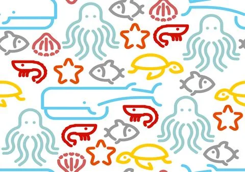 Marine animals set linear pattern seamless. background Octopus and turtle, .. Stock Illustration