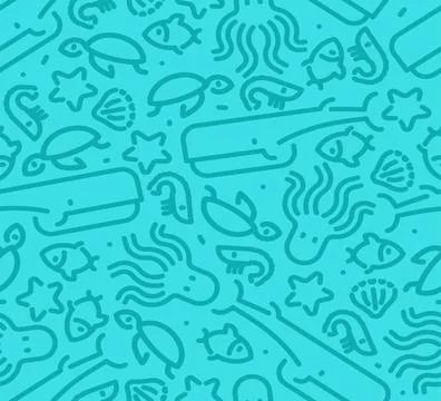 Marine animals set linear pattern seamless. background Octopus and turtle, .. Stock Illustration