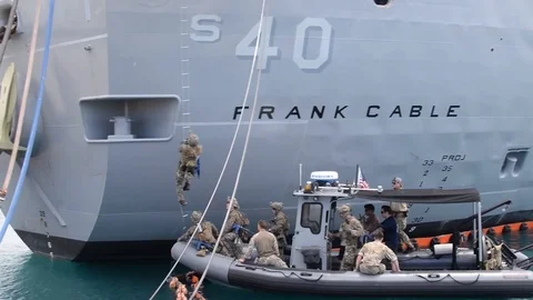 Marine ascending rope ladder for VBSS on... | Stock Video | Pond5