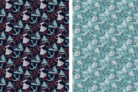 Marine boats seamless patterns, set of 2. Hand drawn doodle cartoon style. Blue Stock Illustration