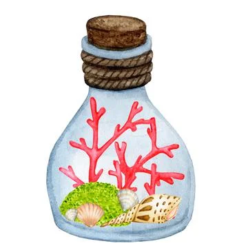 Marine bottle with corals and shells. Decor. Stock Illustration