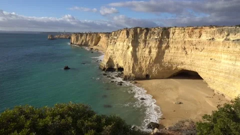 Marine cave and limestone cliff by the sea in Carvoeiro Ferragudo area, Algarve Stock Footage 196261463
