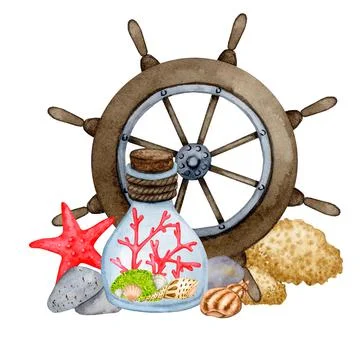 Marine composition. Decorative bottle, steering wheel, corals, shells. Stock Illustration