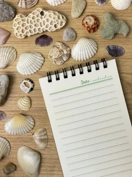 Marine composition with a notebook, shells and corals on a wooden surface Stock Photos