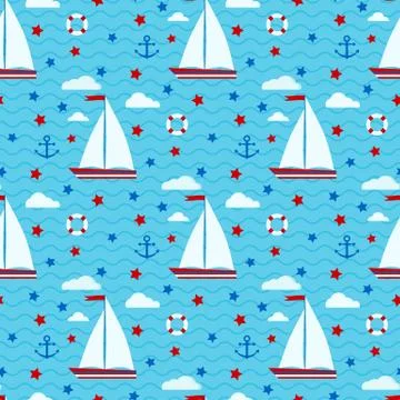 Marine cute vector seamless pattern with sailboat, stars, clouds, anchor, lif Stockillustratie
