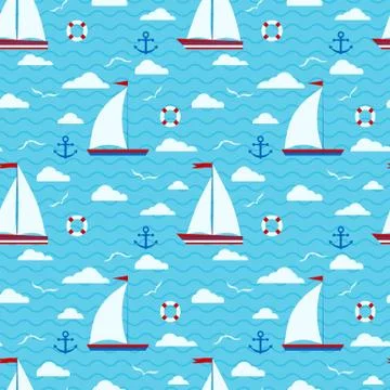 Marine cute vector seamless pattern with one two sails sailboat, clouds, anch Stockillustratie