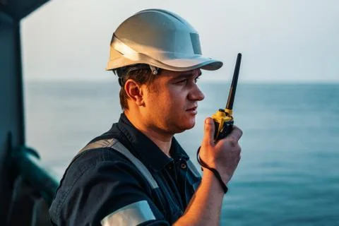 Marine Deck Officer or Chief mate on deck of offshore vessel or ship , wearing Stock Photos