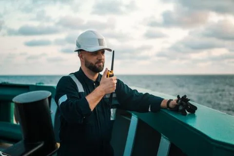 Marine Deck Officer or Chief mate on deck of offshore vessel or ship Stock Photos