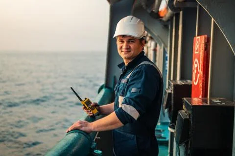 Marine Deck Officer or Chief mate on deck of offshore vessel or ship , wearing Stock Photos