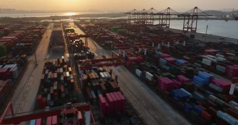 Marine dock background at evening, sunset. Cargo containers seaport aerial view. Stock Footage 321945566