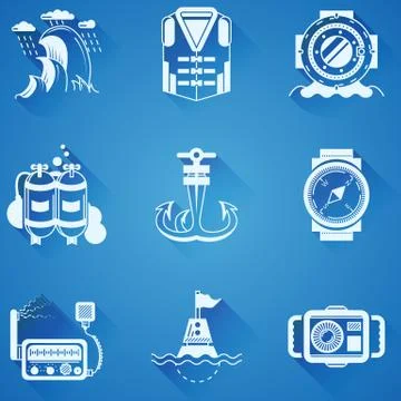 Marine elements white vector icons Stock Illustration