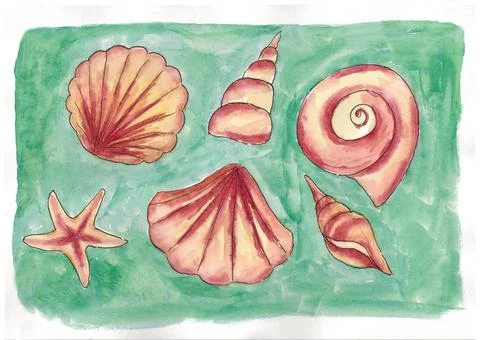 Marine emerald background with sea shells Stock Illustration