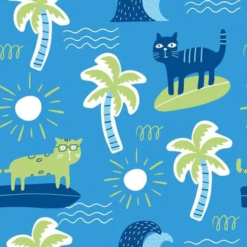 Marine endless pattern. Palm trees, surfboard and cats. Baby vector graphics 库存插图