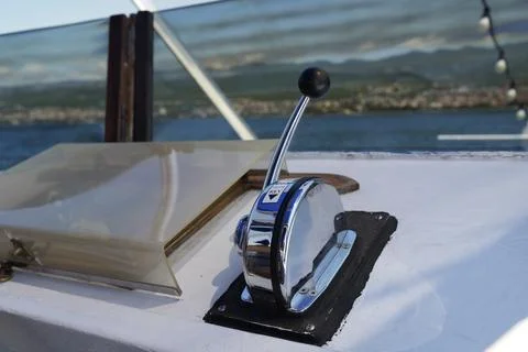 Marine Engine Throttle and Shift Control Lever on Boat Deck Stock Photos